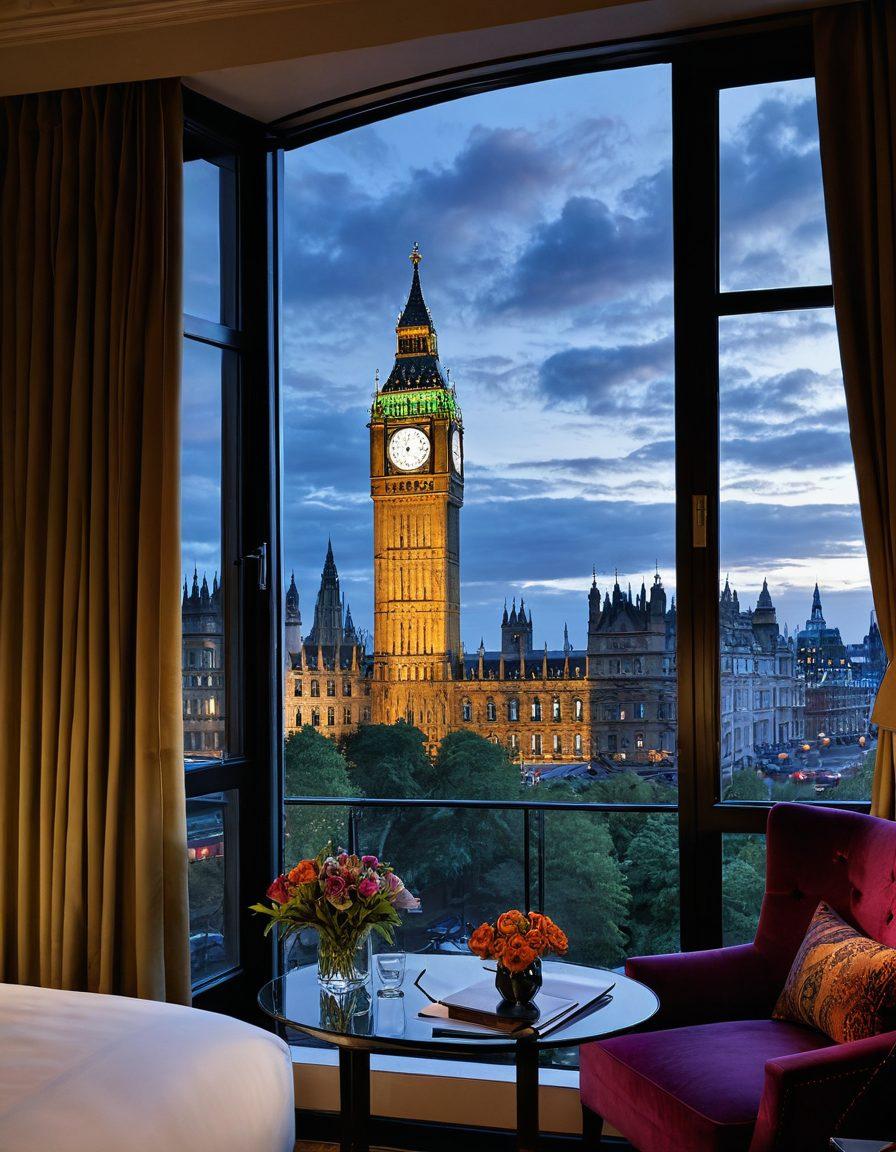A cozy, elegant London hotel room with a stunning view of Big Ben through large windows, adorned with stylish decor and personal touches like books and fresh flowers. Include tourists exploring vibrant street markets and iconic landmarks in the background. The atmosphere should evoke warmth and adventure, enticing viewers to explore. super-realistic. vibrant colors. 