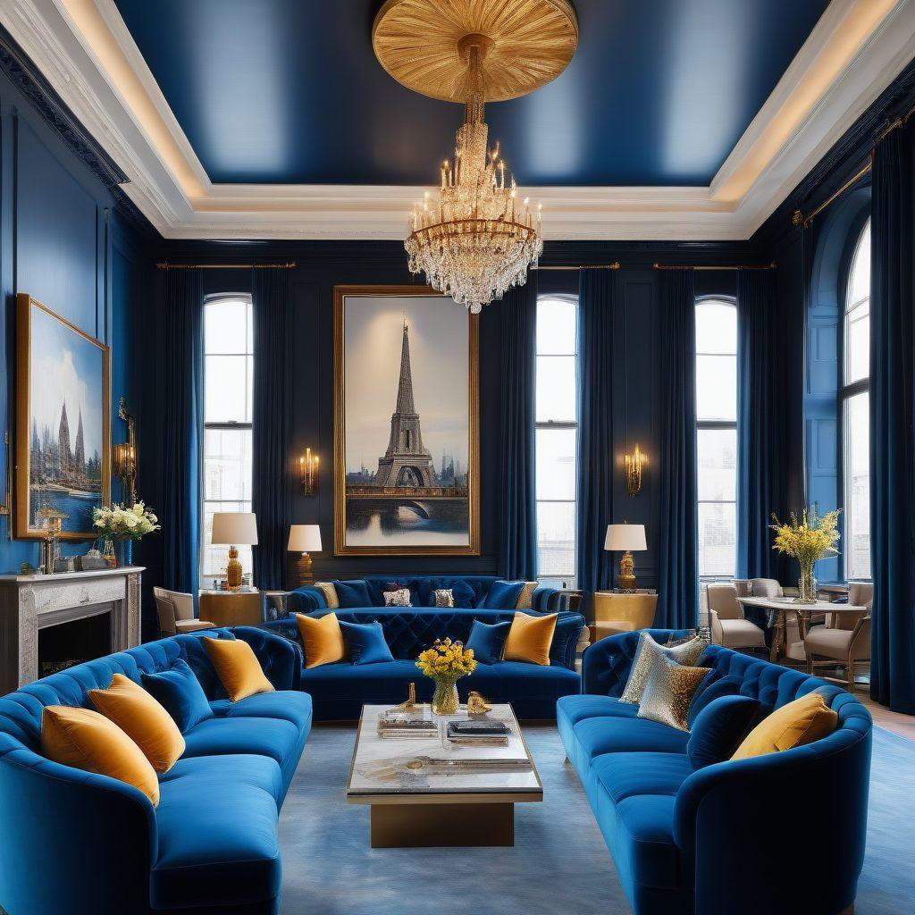 A luxurious hotel lobby in London, featuring plush velvet sofas, ornate chandeliers, and large windows showcasing a view of the iconic skyline, including the Shard and Tower Bridge. Include elements of boutique charm, such as unique artwork and stylish decor. The color palette should reflect elegance with warm tones of gold and deep blue. super-realistic. vibrant colors. 3D.